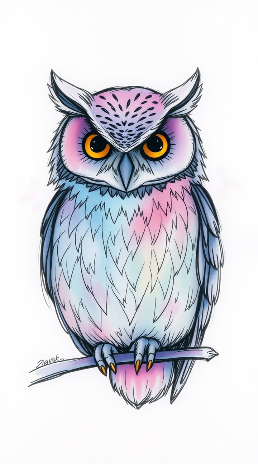 Owl with orange eyes and pink, purple, and blue feathers sits on a branch with a soft pastel color palette.