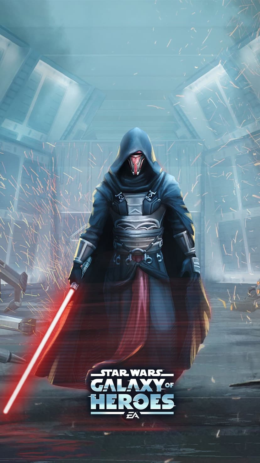 Masked Darth Revan in a hooded cloak holds a red lightsaber as sparks fly in a futuristic metallic hallway.