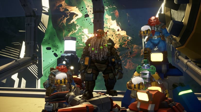 Four space dwarves stand together in a station against a backdrop of a swirling green and gold space nebula.