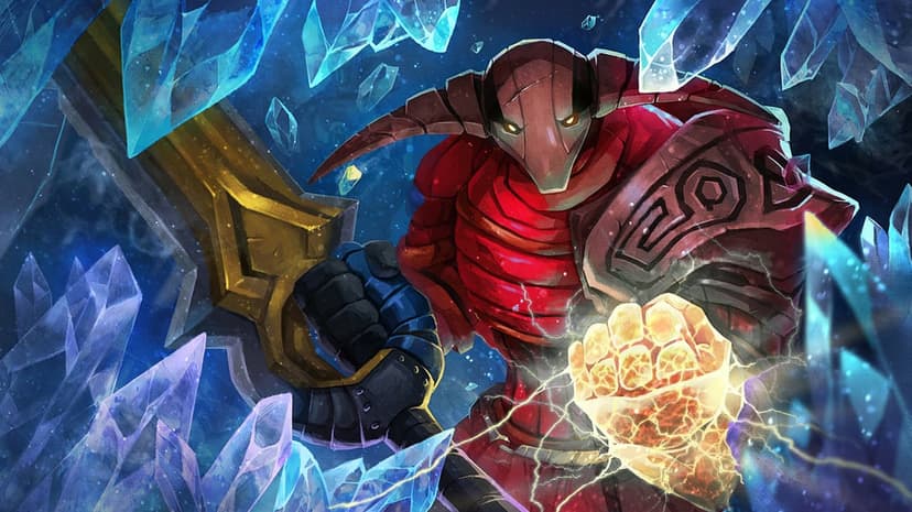 Red armored knight holding a golden sword and glowing fist in a cavern of sharp blue and purple crystals.