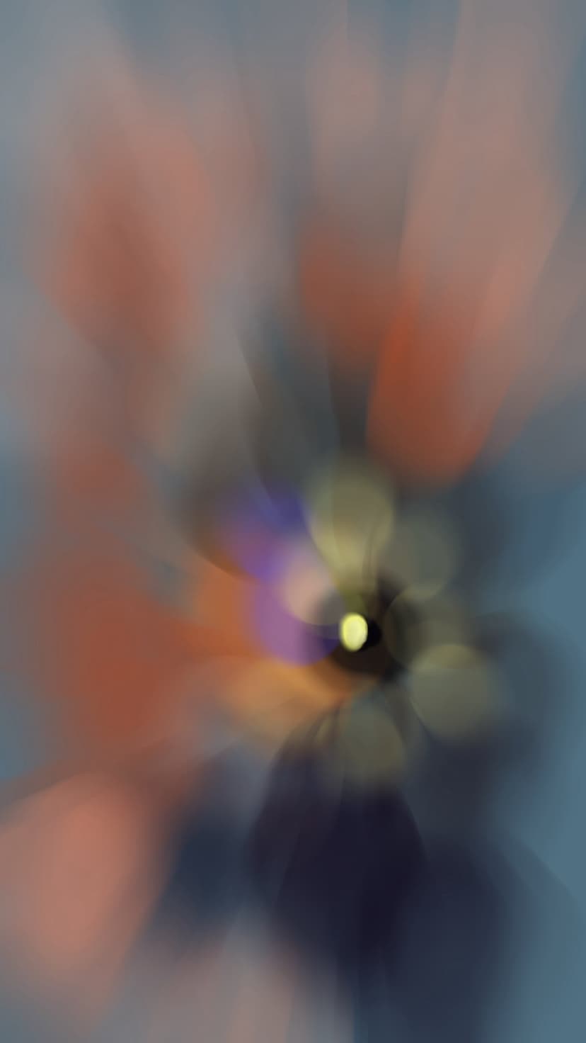 Swirling orange and blue light trails form a radial blur pattern with soft glowing bokeh circles throughout.