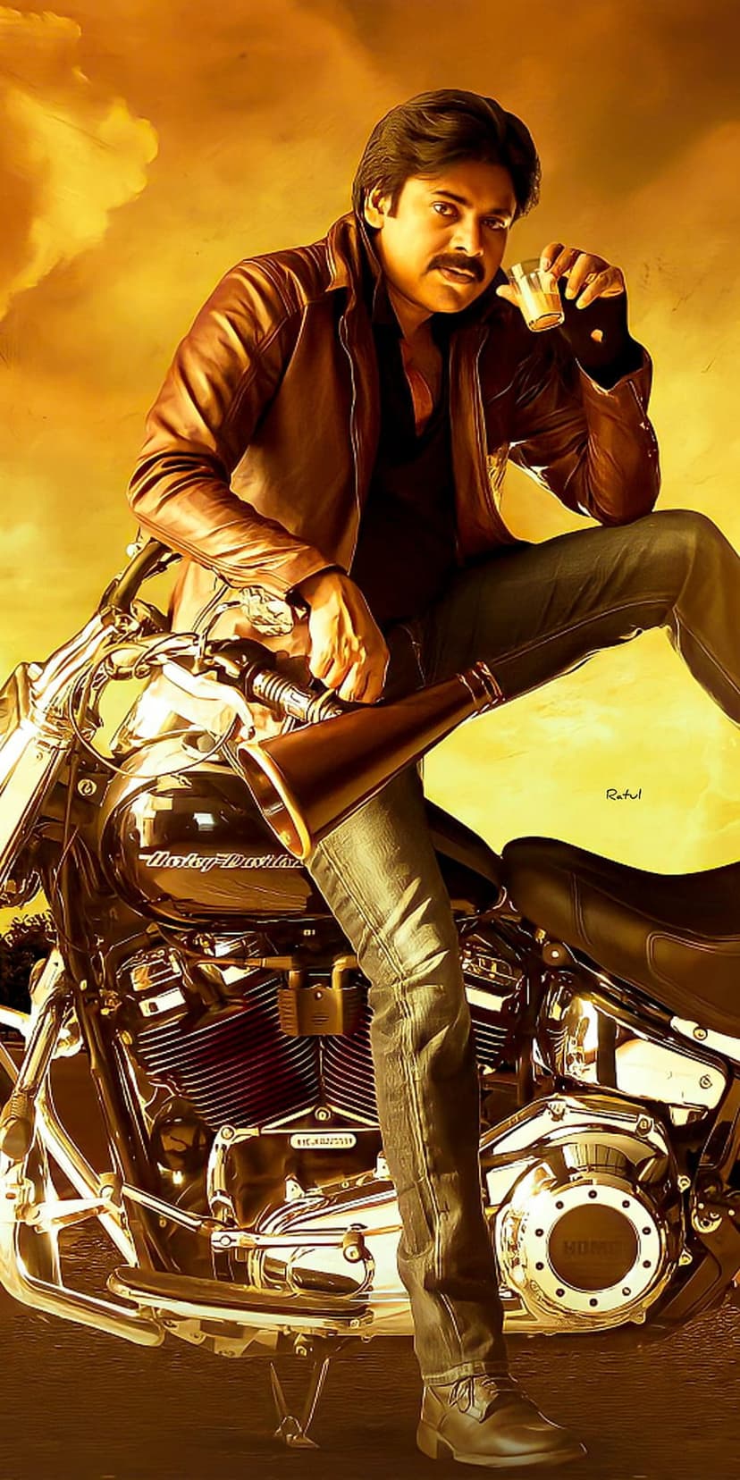 Man in a brown leather jacket sits on a chrome Harley-Davidson motorcycle holding a small glass at sunset.