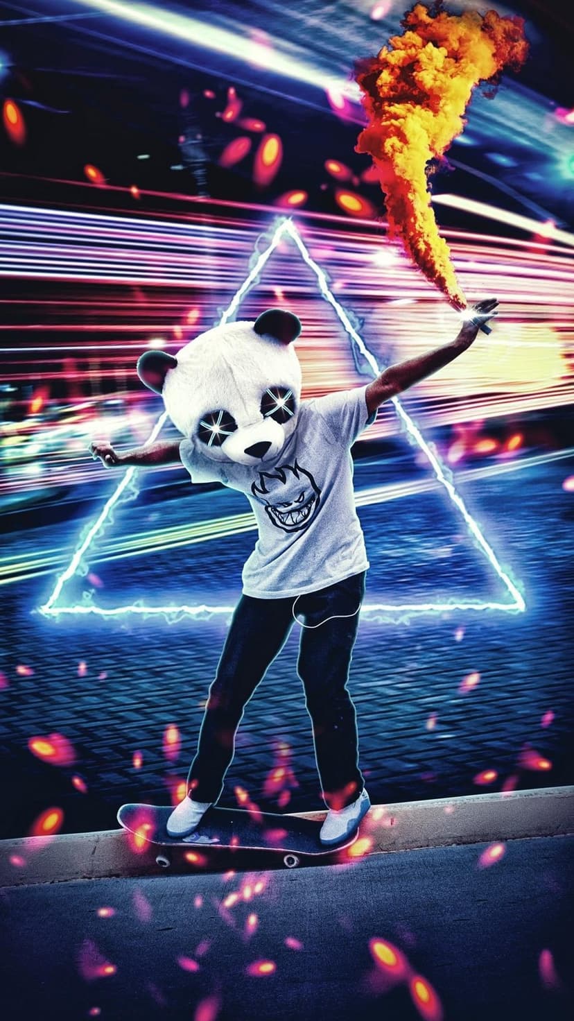Panda-masked figure on a skateboard with glowing eyes, a blue neon triangle, and trailing orange fire streaks.