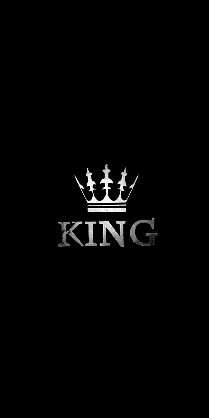 Ornate crown positioned over textured metallic king text against a solid black background for mobile screens.