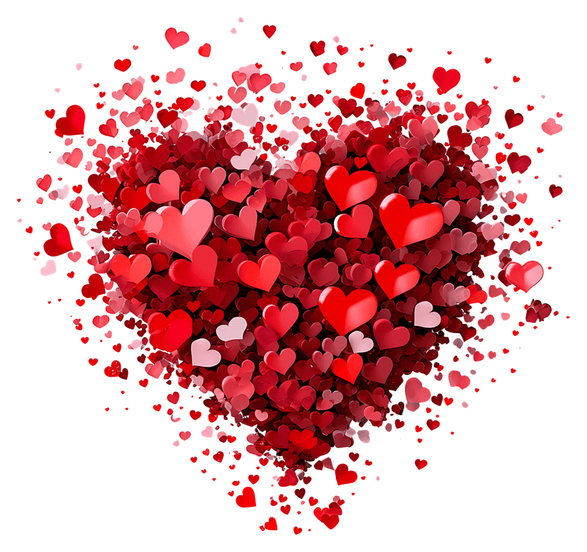 Red heart explosion scattered across a transparent background featuring glossy 3D shapes with soft drop shadows.