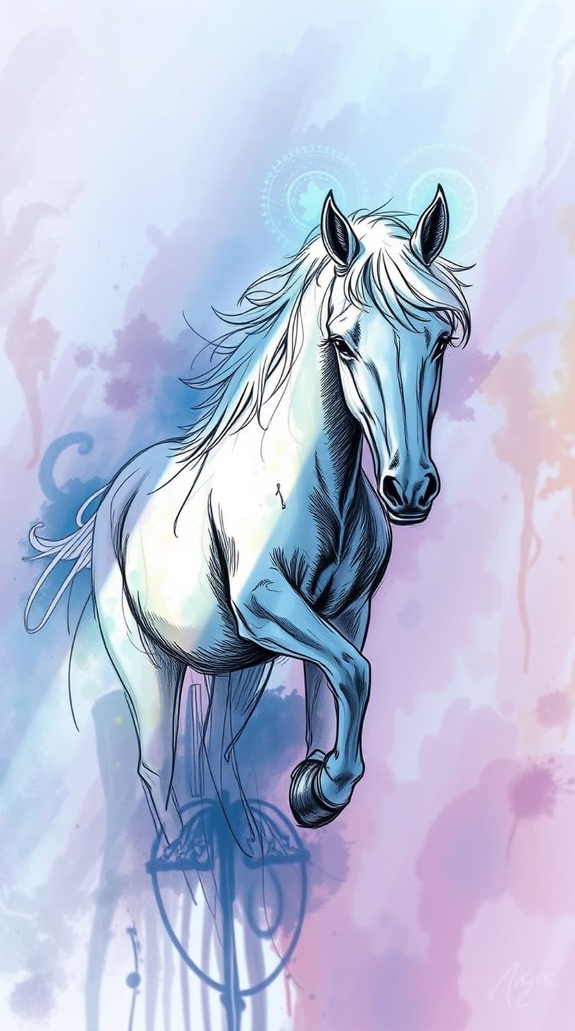 White horse galloping through blue and purple watercolor clouds with a glowing circular halo around its head.