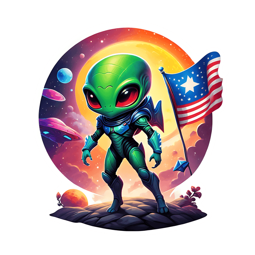 Green chibi alien in a teal spacesuit holds a USA flag while standing on a rocky planet under a cosmic sky.
