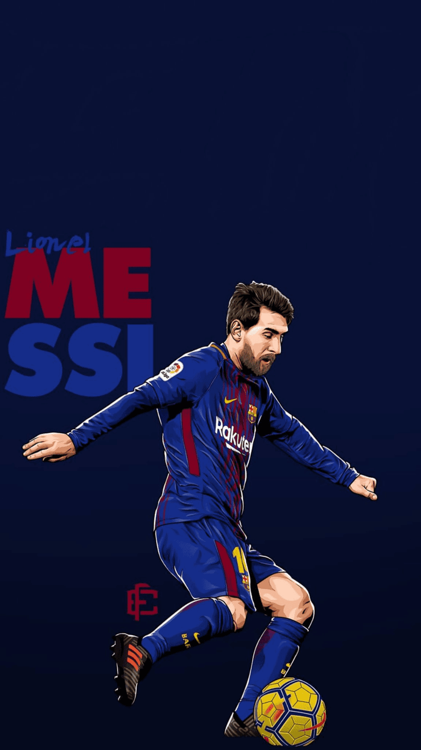 Lionel Messi in a blue and red Barcelona kit dribbling a soccer ball against a dark blue textured background.