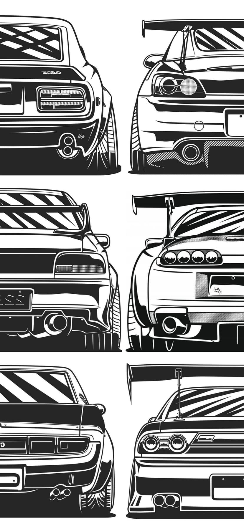 Rear view line drawings of Japanese sports cars featuring prominent spoilers, taillights, and exhaust pipes.