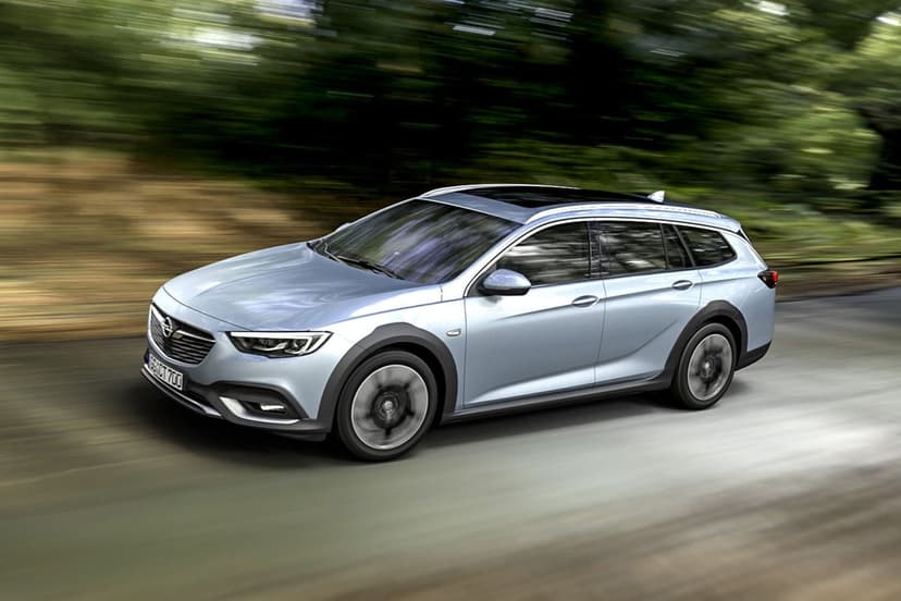 Silver estate car driving fast on a forest road with motion blur on a high-resolution landscape background.