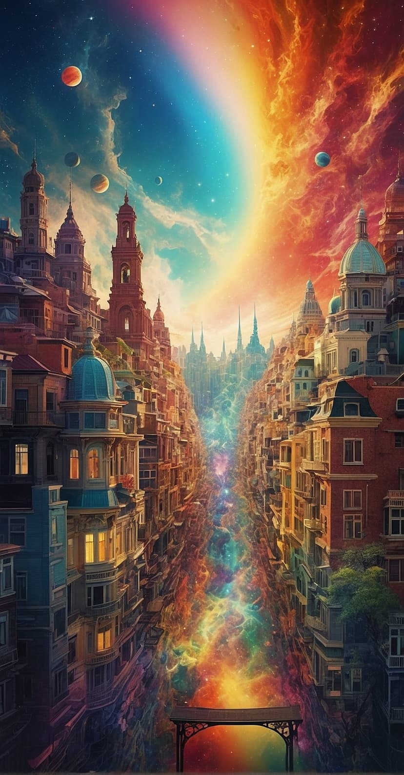 Luminous skyscrapers rise into a swirling rainbow nebula with floating planets and vibrant celestial clouds.