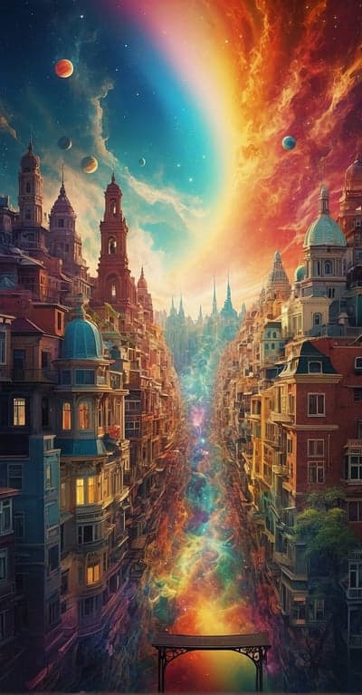 Cosmic Cityscape: Surreal Dreamscape with Rainbow Nebula