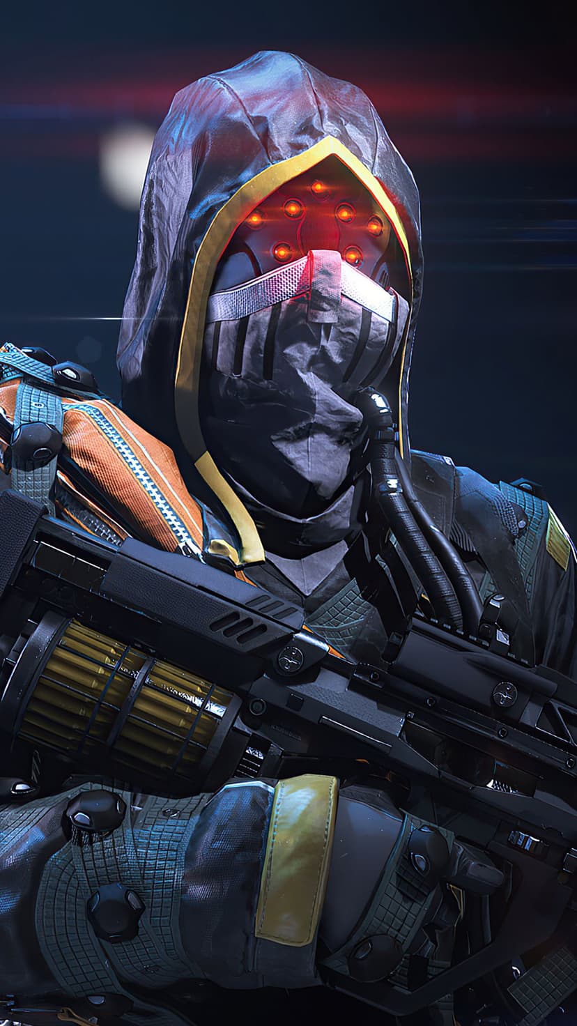 Hooded futuristic soldier with six glowing red visor lights holding a detailed black and gold rifle.