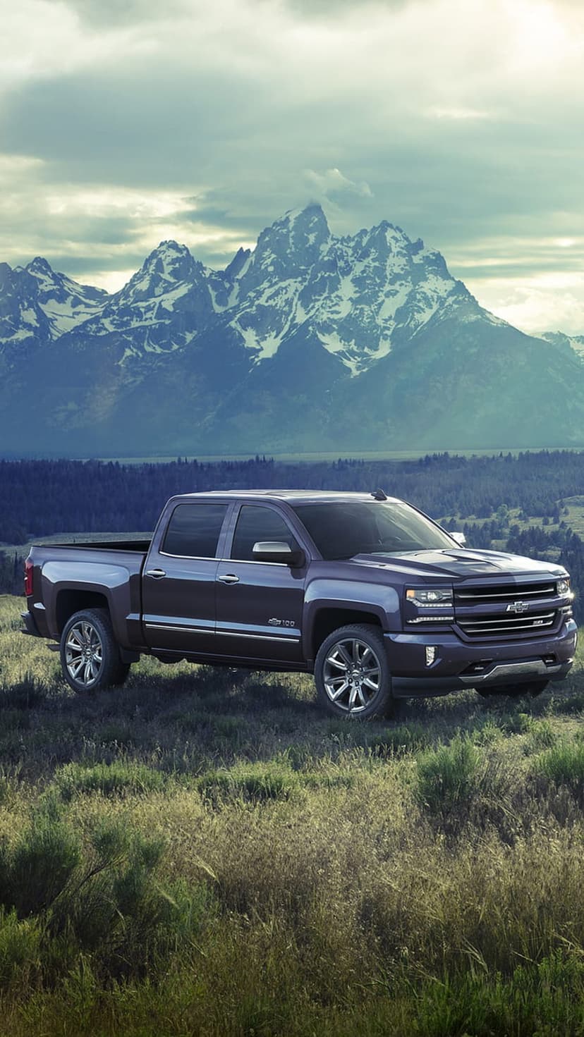 Purple Chevrolet Silverado pickup truck in a grassy field with snow-capped mountain peaks under a cloudy sky.