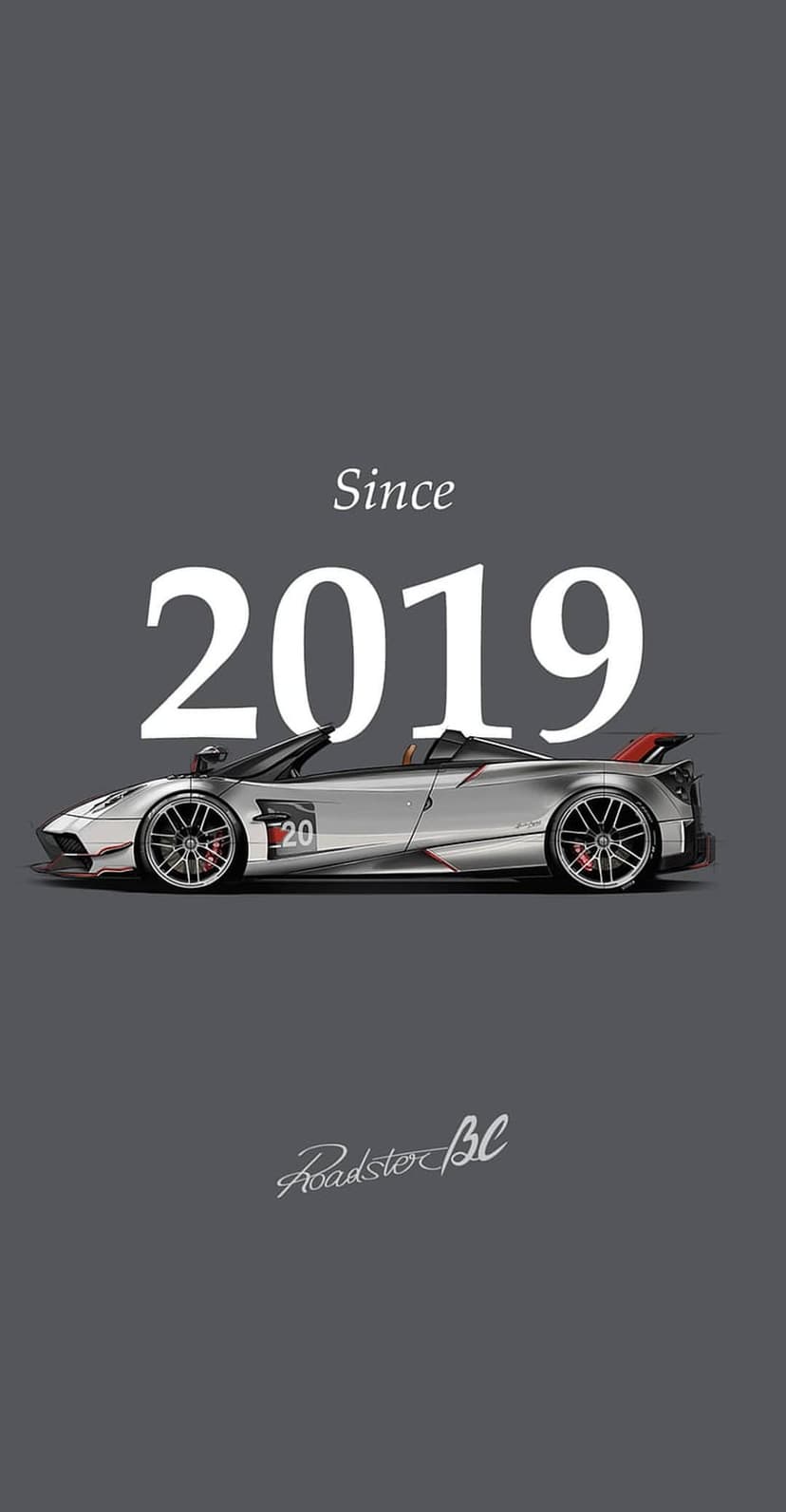 Pagani Huayra Roadster BC silver hypercar with script text on a clean background for mobile screen orientation.