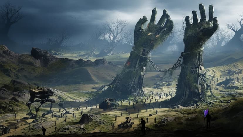 Massive mossy stone hands bound by chains tower over tiny figures and a mechanical walker in a dark wasteland.