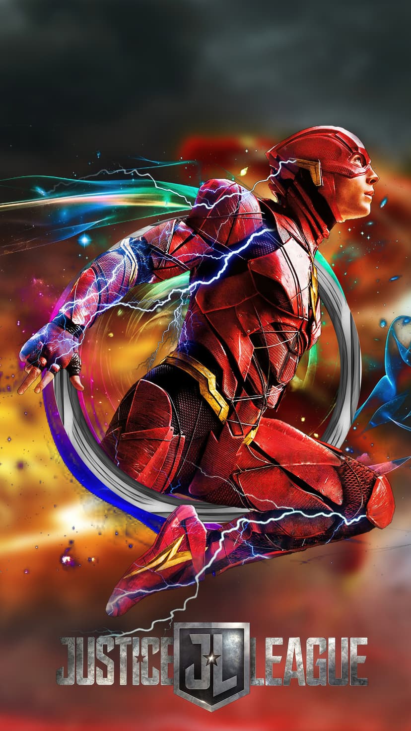 The Flash in a red suit runs through a circular energy portal with yellow lightning and a Justice League logo.