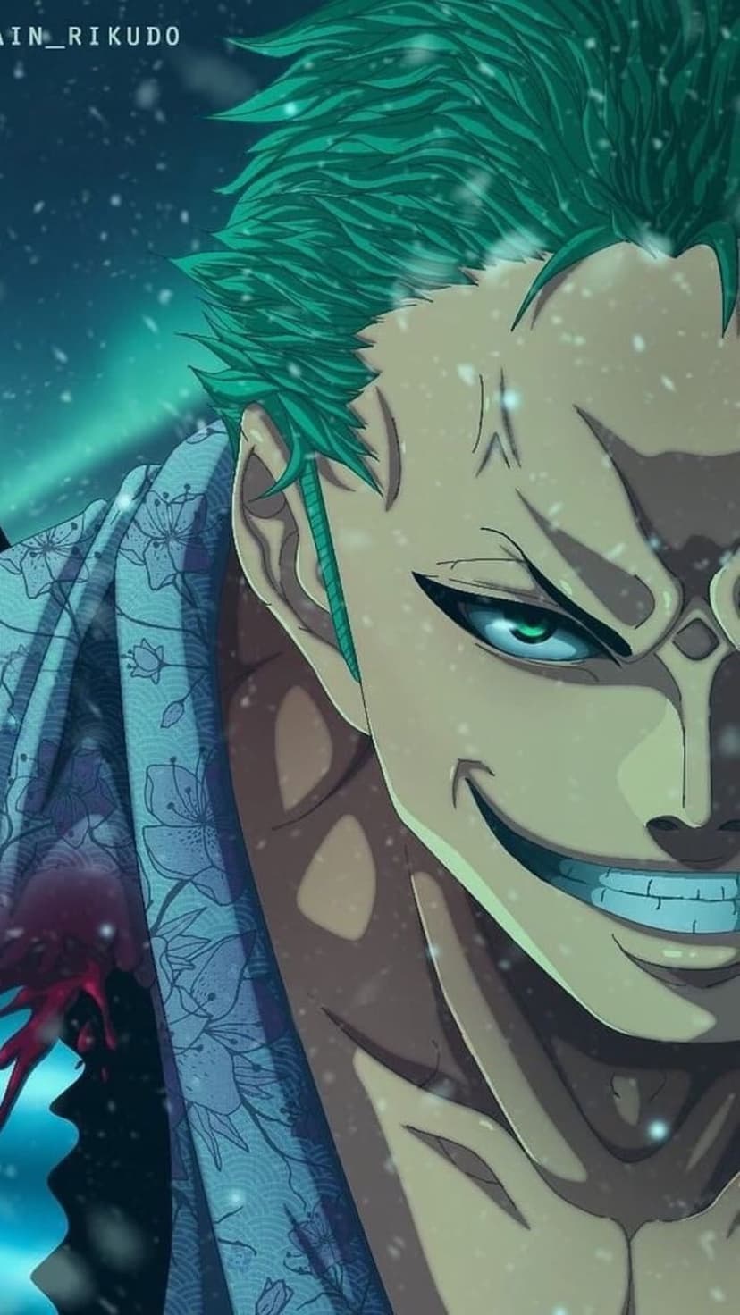 Roronoa Zoro with green hair smirks as snowflakes fall around his face in a close-up vertical portrait.