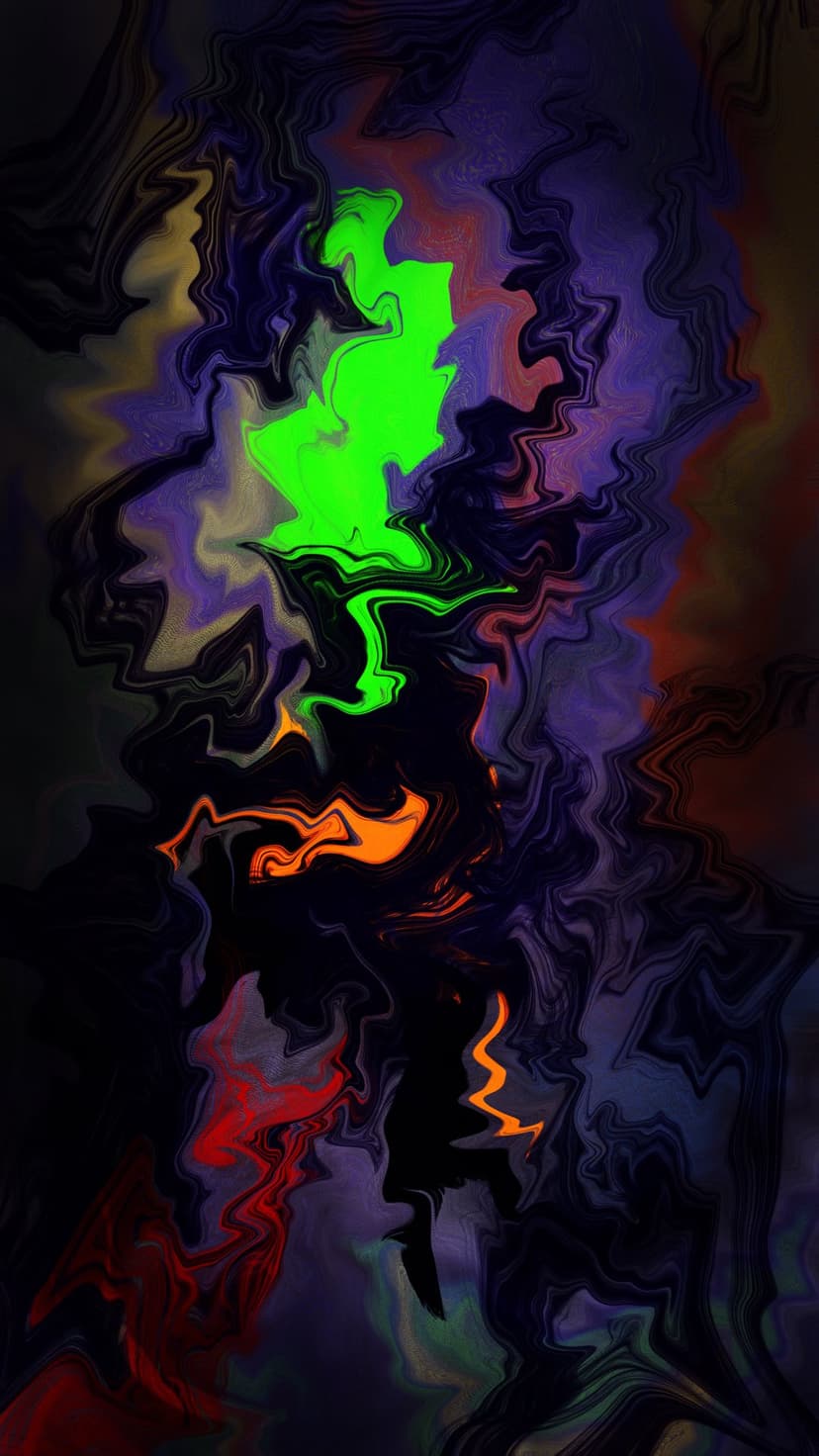 Swirling neon green and fiery orange liquid patterns flow vertically against a dark, moody backdrop.