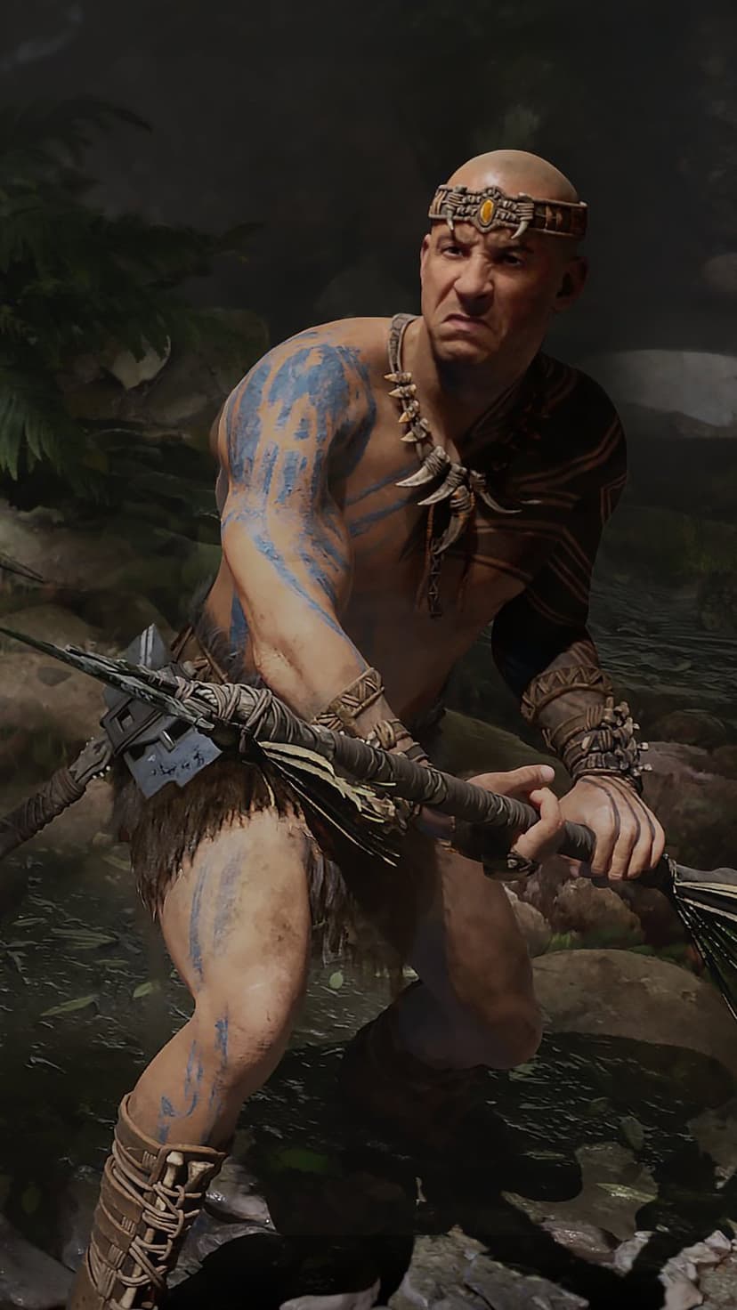 Bald warrior with blue body markings and bone jewelry holding a spear in a dark jungle stream.