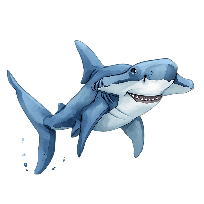 Blue shark cartoon illustration swims with a wide grin and floating air bubbles against a clear background.