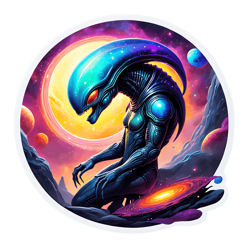 Biomechanical alien sticker kneeling in a cosmic landscape featuring a massive yellow sun and purple nebulae.
