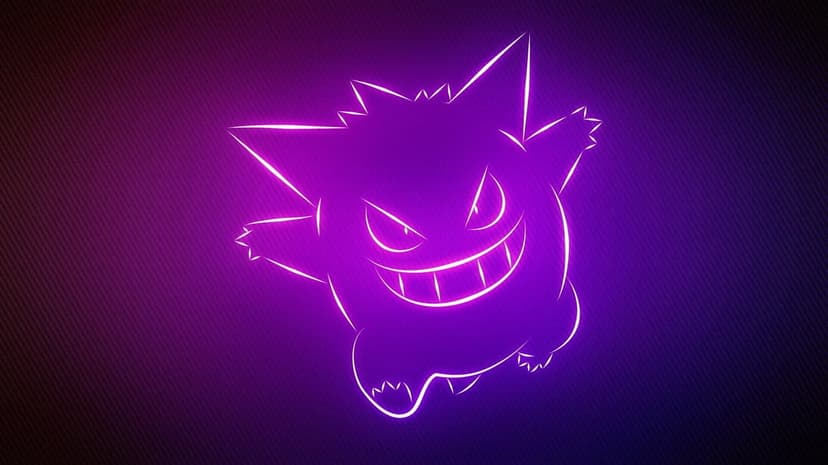 Glowing purple neon outline of Gengar with a mischievous grin on a dark textured violet background.