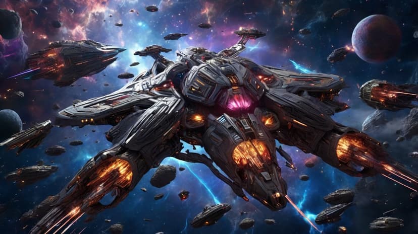 Huge dark capital ship firing lasers amidst a glowing nebula and debris during an intense interstellar battle.