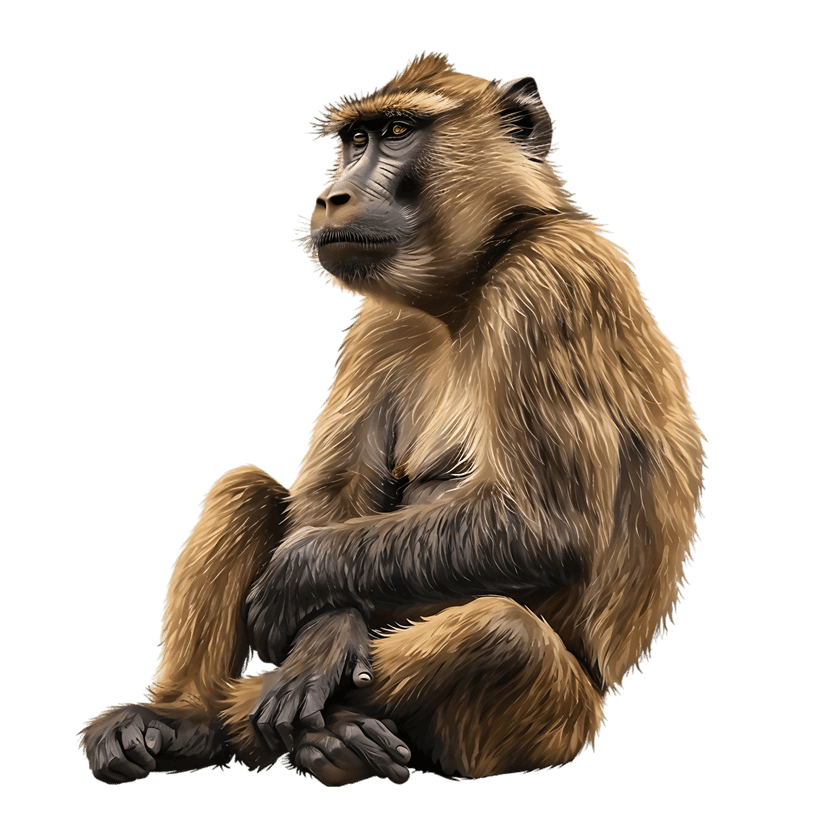 Guinea baboon primate illustration showing detailed brown fur and profile facial features in a seated pose.
