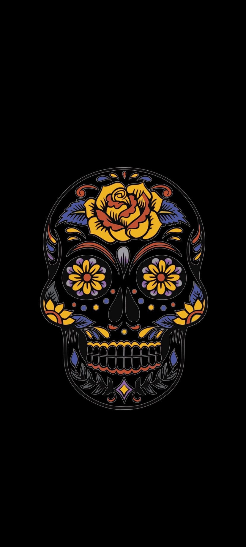 Sugar skull with a yellow rose on the forehead and blue floral accents against a solid black background.