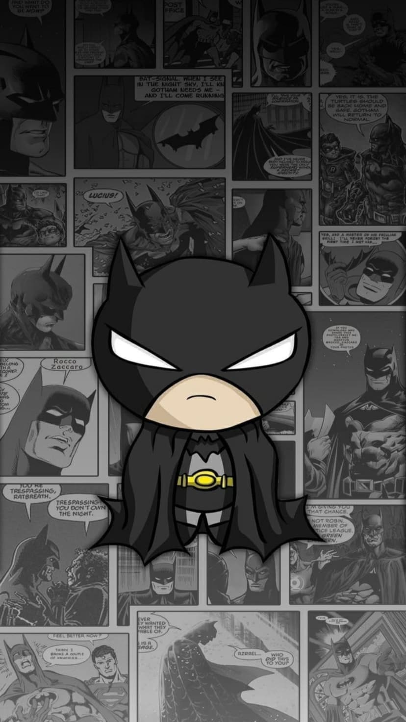 Batman chibi figure with a flowing cape stands before a collage of black and white vintage comic book panels.