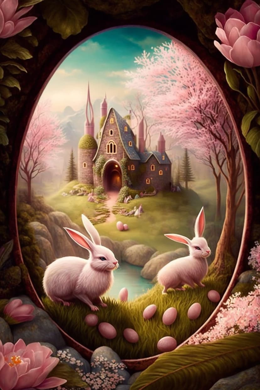 Two white bunnies sit among pink eggs and cherry blossoms with a storybook castle on a hill in the distance.