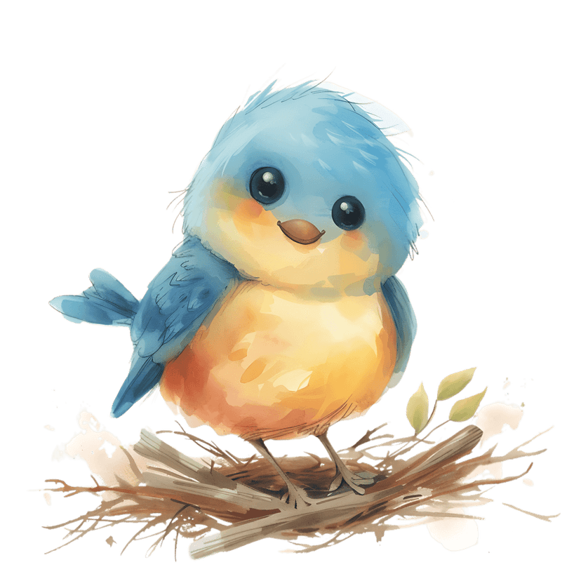 Watercolor blue bird with orange chest resting in a brown twig nest surrounded by green leaves and white splatters.