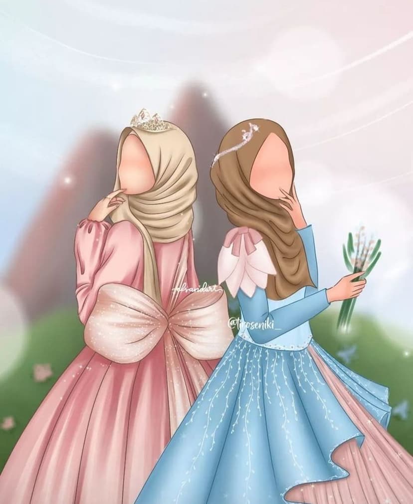 Two women in hijabs wear pink and blue princess dresses with a floral bouquet against a sparkling backdrop.
