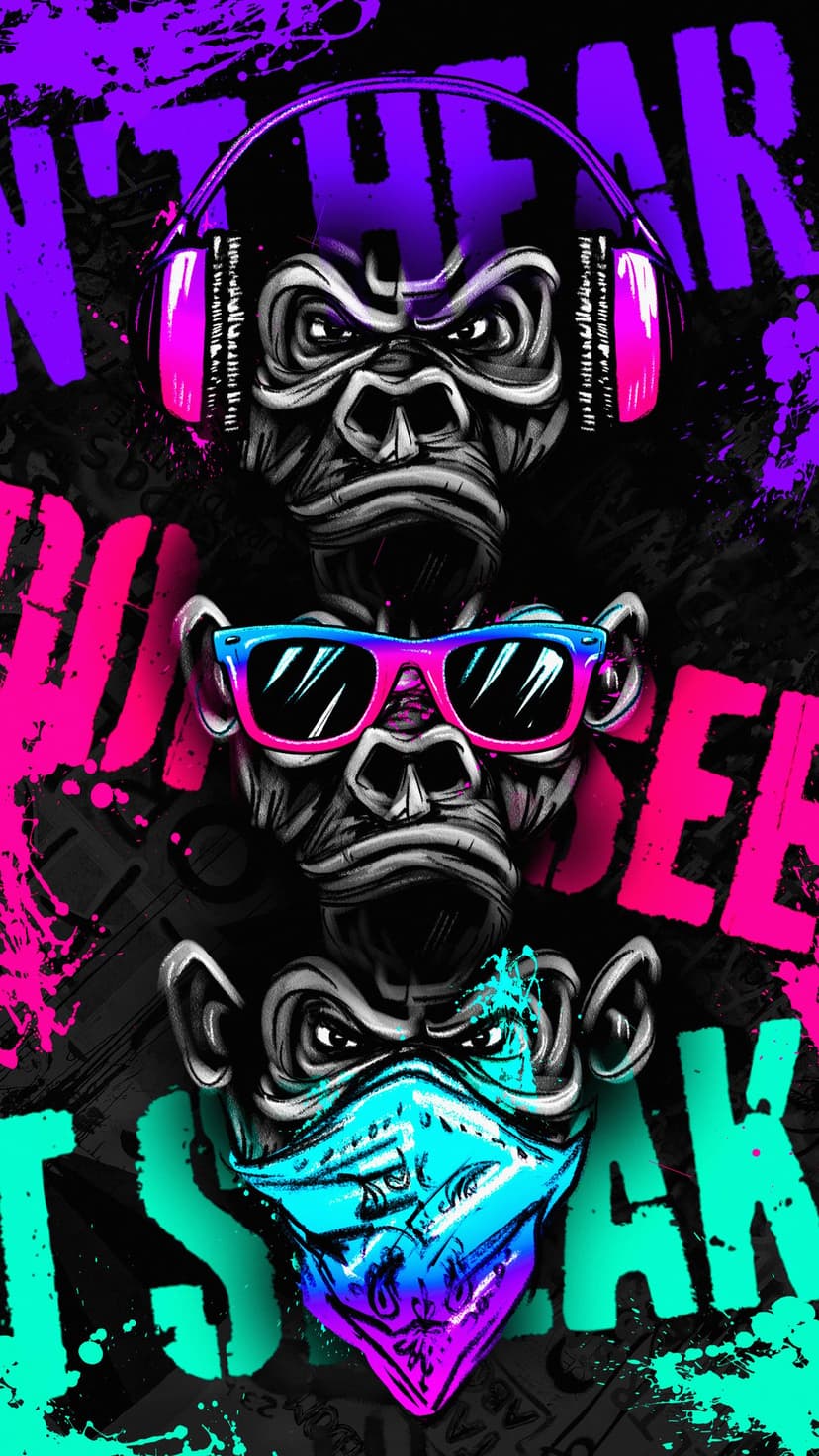 Three stylized monkeys wearing headphones, sunglasses, and a bandana glowing in neon pink and blue light.