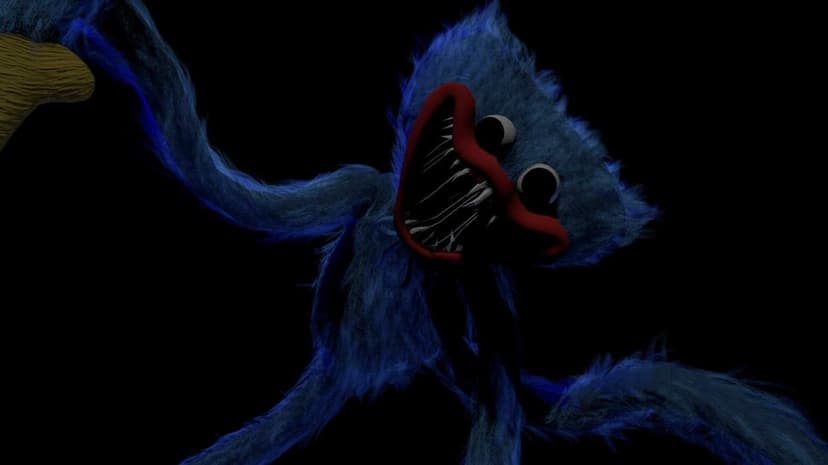 Huggy Wuggy blue furry monster with sharp teeth and wide red mouth grinning in a dark shadowy environment.