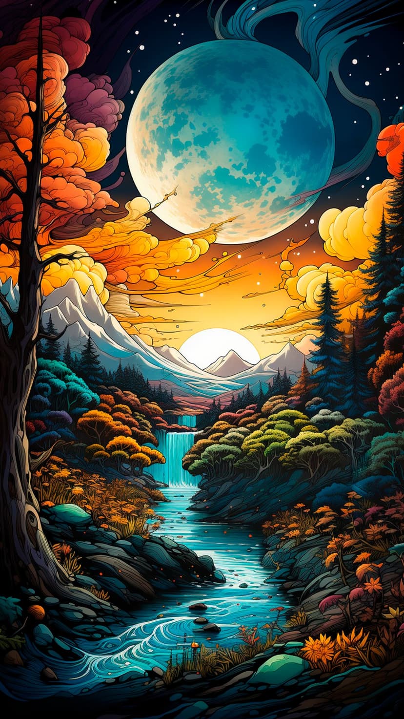 Giant teal moon towers over jagged snowy mountains and a cascading waterfall amidst a glowing, colorful forest.