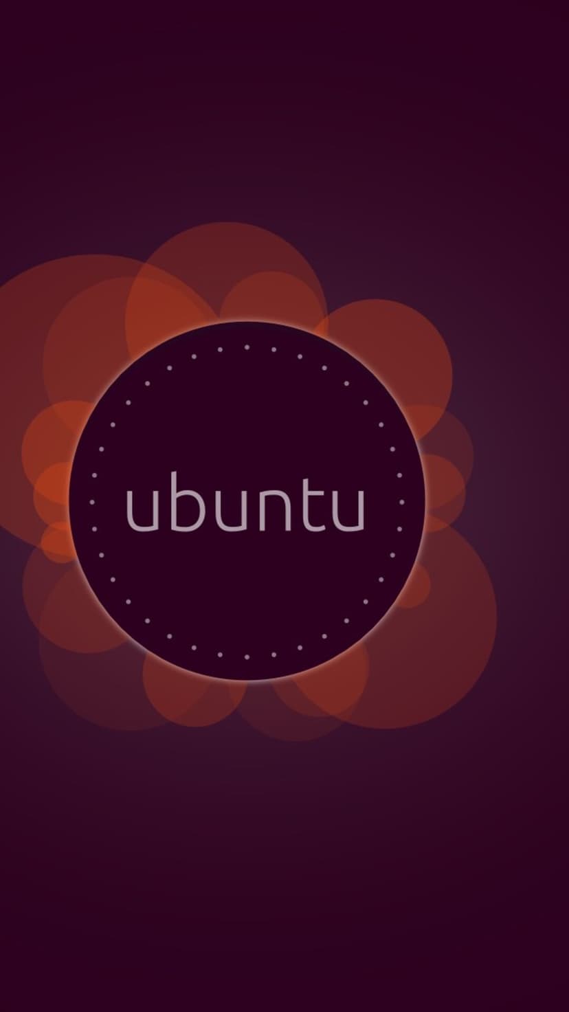 Ubuntu logo inside a dotted circle centered on a dark purple backdrop with translucent orange bokeh circles.