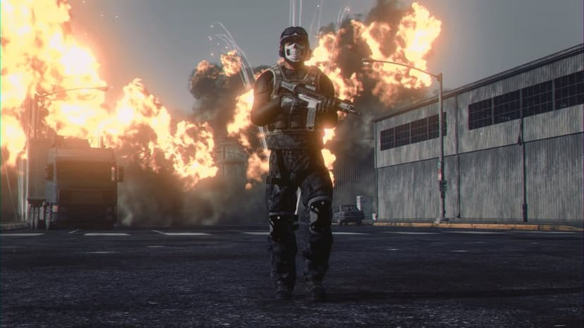 Soldier in a skull mask holding a rifle walks past large fiery explosions and an industrial warehouse.
