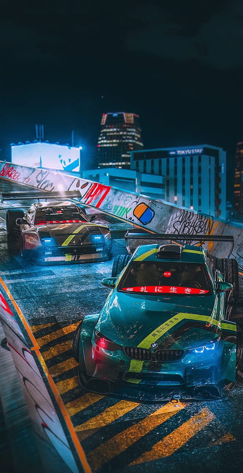 Two modified tuner cars with glowing headlights race through a dark Tokyo street under bright neon city signs.