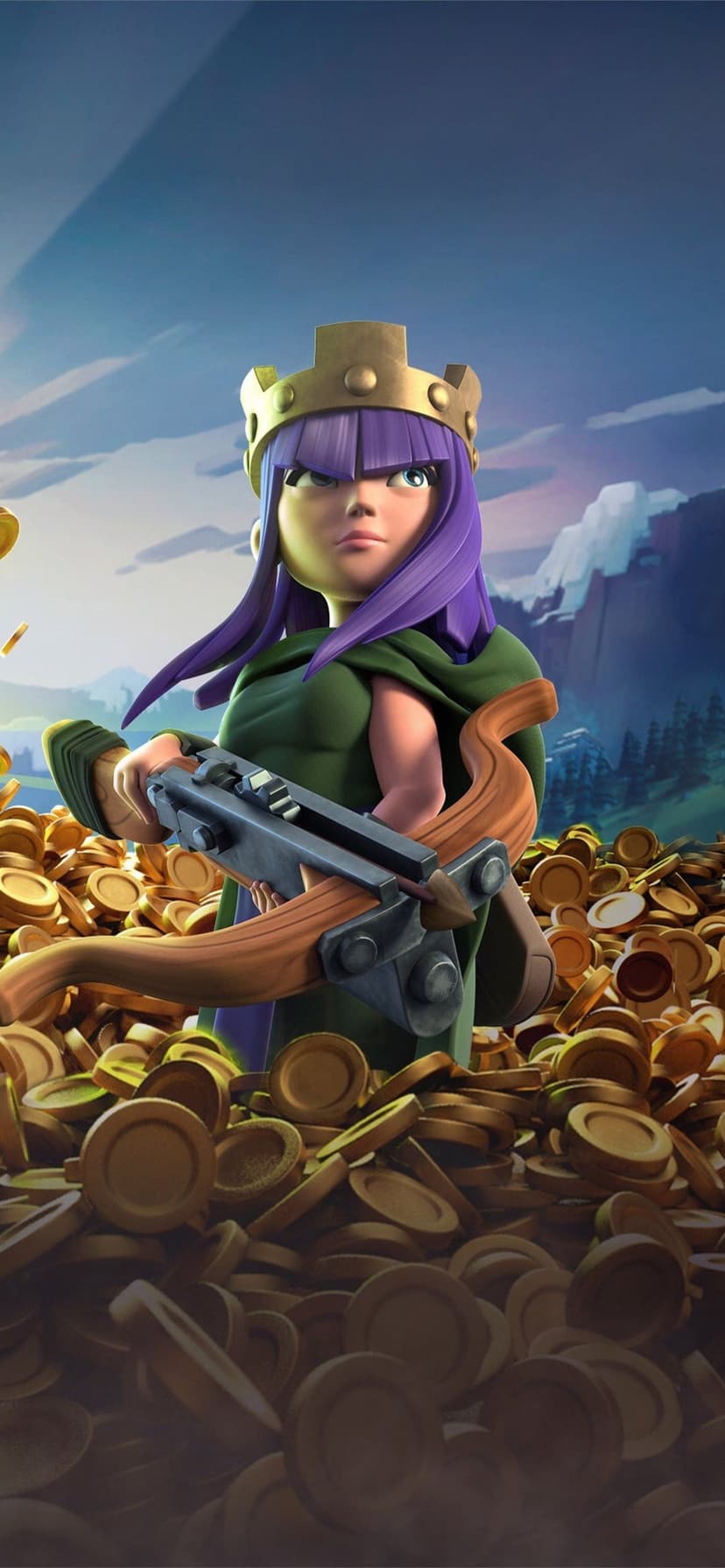 Archer Queen with purple hair and crown holding a wooden crossbow in a pile of gold coins.
