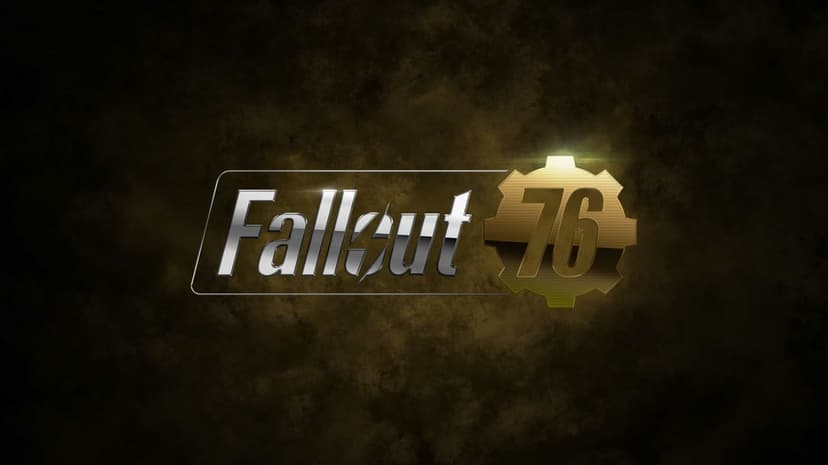 Fallout 76 logo with silver text and a golden vault gear on a dark, textured brown and black background.