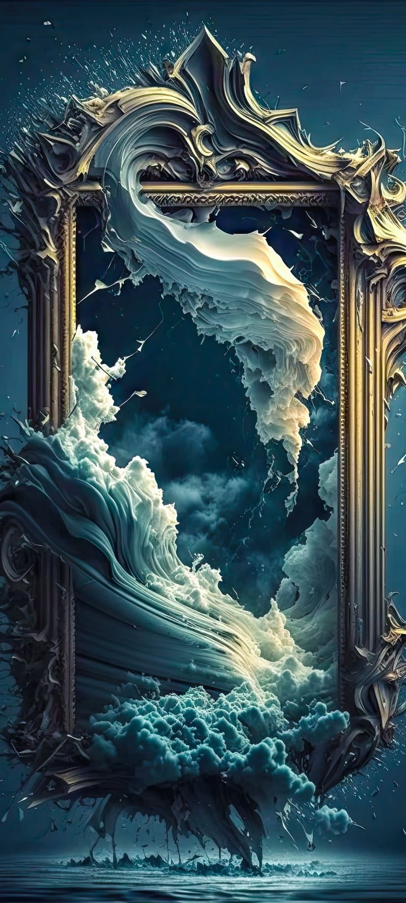 Ornate gold frame enclosing swirling blue waves and dark stormy clouds with deep texture and shadows.