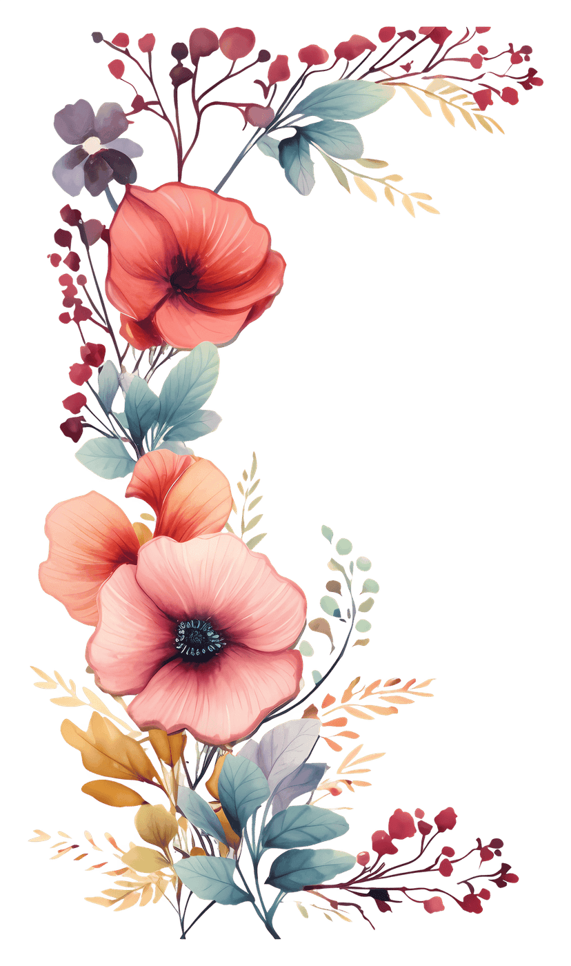 Watercolor floral illustration featuring soft pink petals and green leaves against a transparent background.