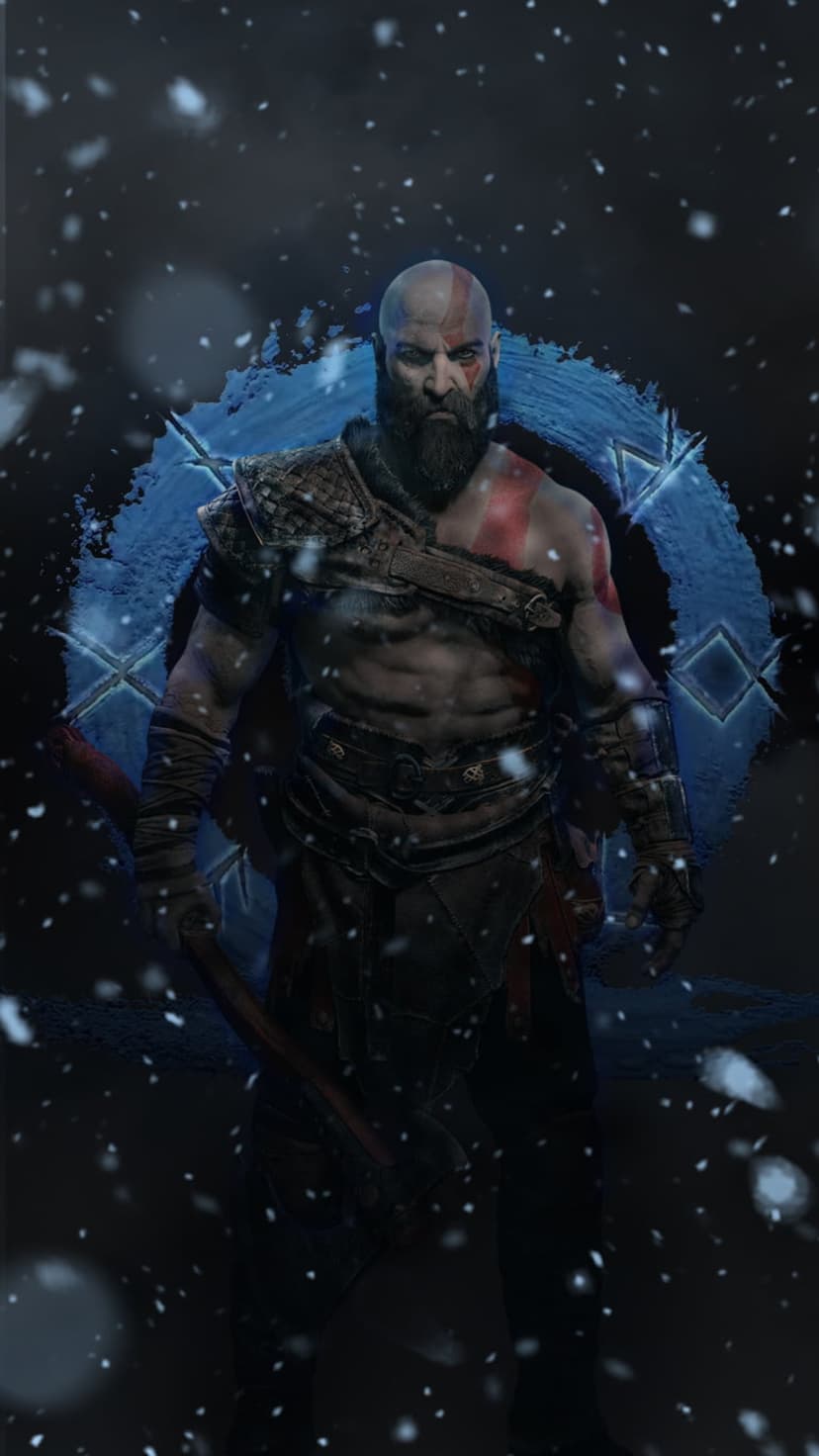 Kratos stands in a snowy forest with a glowing blue rune and red facial tattoos visible in a vertical frame.