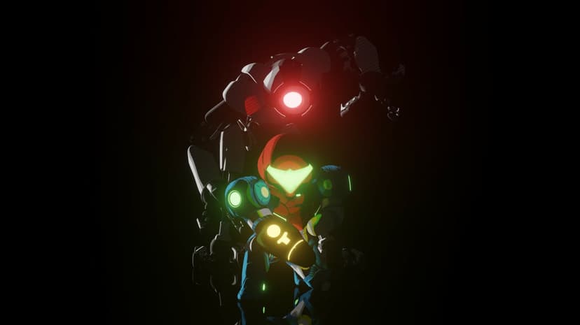 Samus Aran in her Dread suit with a glowing green visor stands before a red-eyed EMMI robot in darkness.