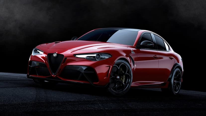 Red Alfa Romeo Giulia GTAm sports sedan on a dark asphalt road with dramatic lighting and carbon fiber details.