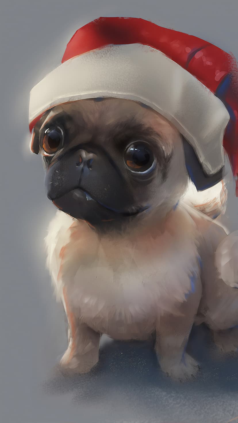 Pug puppy wearing a red and white Santa hat with large dark eyes and a wrinkled face against a soft background.