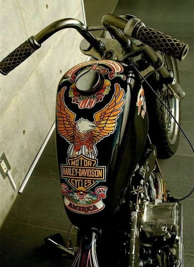 Vintage Harley-Davidson motorcycle with eagle emblem