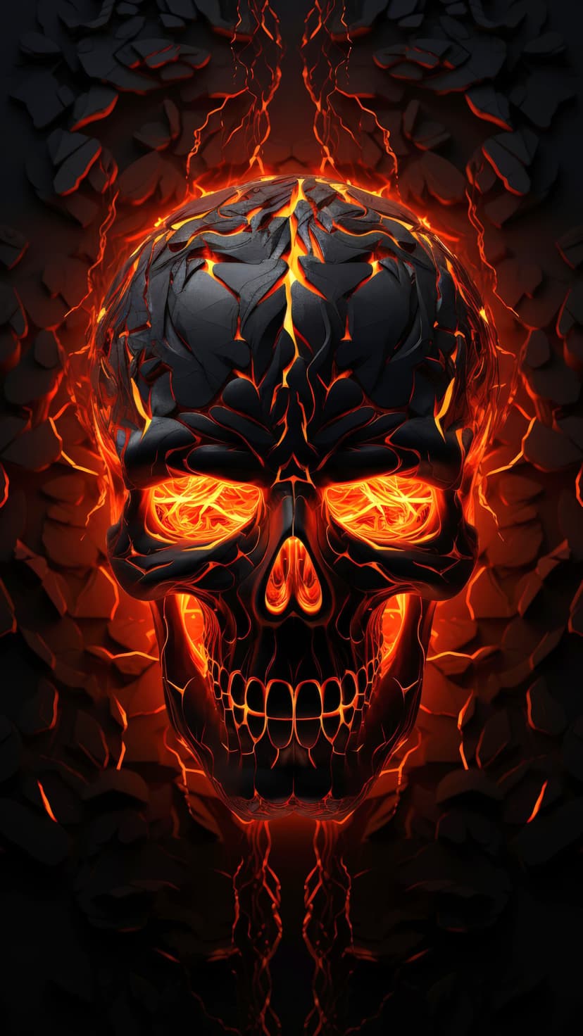 Skeletal head with glowing magma seepage through fractured bone textures set against a dark void background.